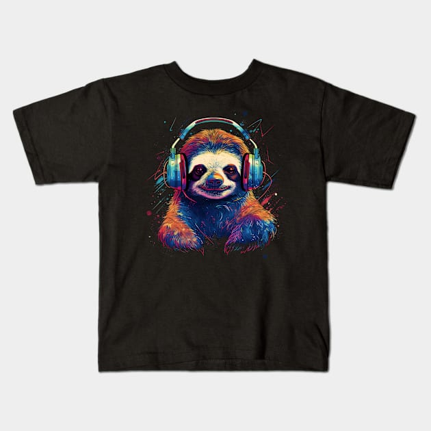 Cosmic Chill: Sloth Soars with Celestial Soundwaves Kids T-Shirt by RetroPrism